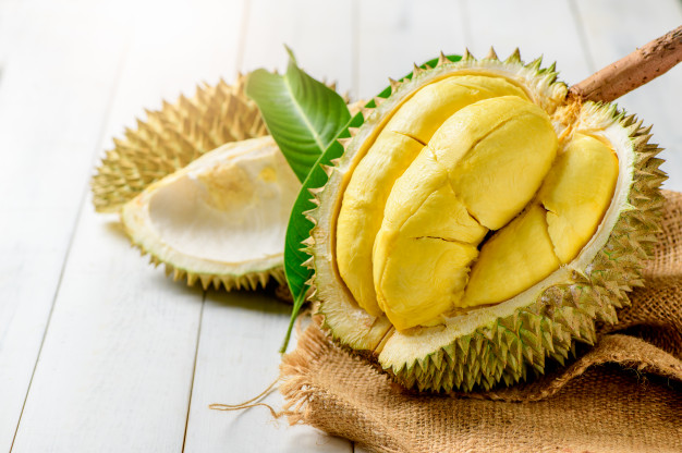 fresh durian durio zibthinus murray sack old wood background king fruit from thailand summer season 34435 4015